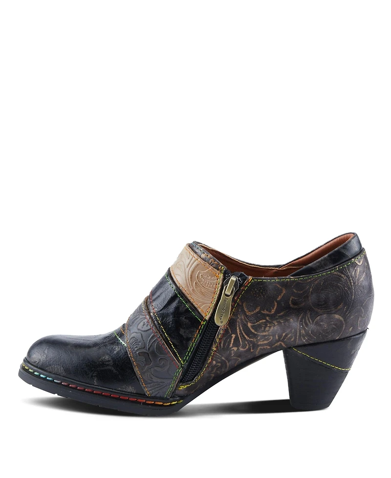 L Artiste Women s Graphic Handpainted Floral Leather Shooties with Antique Buckle and Stacked Heel