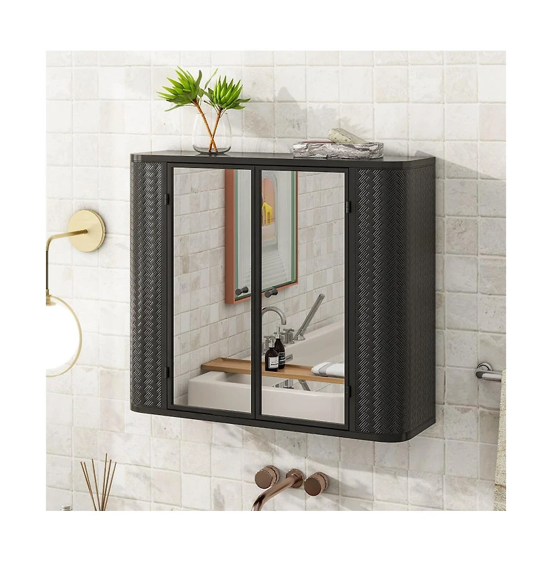 Chic Crate Black Wall-Mounted Vanity 2 Mirrored Doors & Open Shelf | Farmhouse Metal Frame | Over-the-Sink