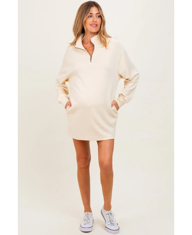 Pinkblush Maternity Cream Half Zip Long Sleeve Mini Dress