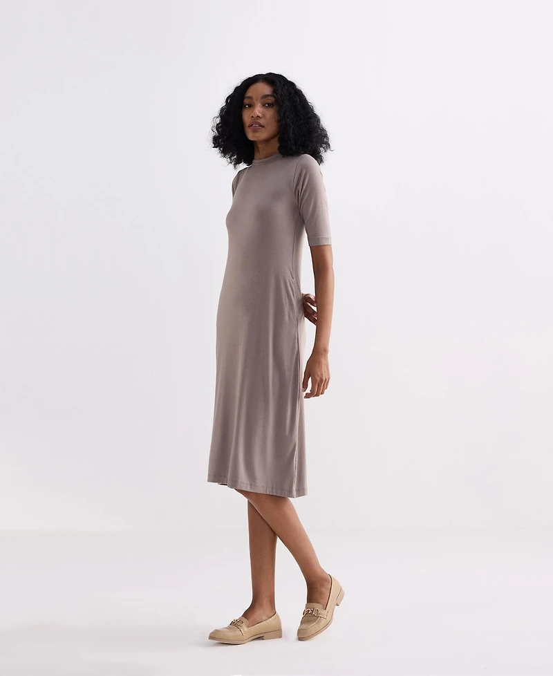 Reistor Women's High Crew Neck Elbow Sleeves Fitted Dress Dusty Brown