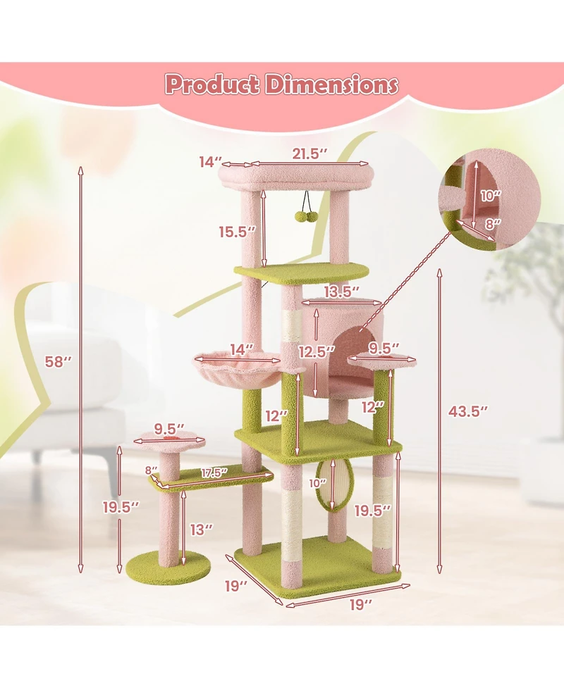 Gymax 58'' Plush Cat Tree Floral Climbing Tree Multi-level Cat Tower w/ Round Basket