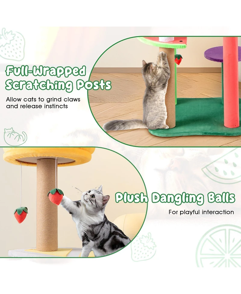 Gymax 45'' Tall Cat Tree w/ Plush Padded Top Perch Fruit-Shaped Platforms Dangling Balls