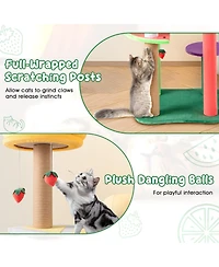 Gymax 45'' Tall Cat Tree w/ Plush Padded Top Perch Fruit-Shaped Platforms Dangling Balls