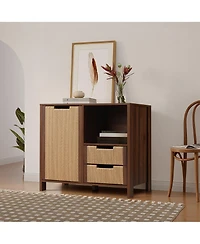 LuxenHome Walnut Finish Storage Cabinet with Rope Drawer Front, 1 Door, 2 Drawers, Mdf Wood