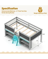 Gymax Low Loft Bed Twin Wooden Frame Kid's Cabin w/ Bookcases
