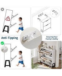 Shoe storage cabinet with 2 flip drawers, metal legs, and adjustable shelf. Slim, freestanding design ideal for entryways and hallways,White