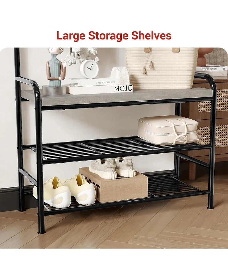 gaomon Hall Tree Shoe Bench, 4-in-1 Entryway Storage Bench with 8 Sturdy Hooks, Freestanding Coat Rack for Small Spaces, Apartments, Bedroom, RusticGr