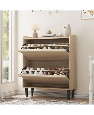 Shoe Cabinet with 2 Flip Drawers, Wooden Shoe Organizer Cabinet with Adjustable Shelf, Hidden Shoe Cabinet for Hallway, Living Room, Natural