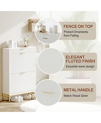 Fluted shoe cabinet with 2 flip drawers, 1 drawer, and a hook. Modern farmhouse style with metal legs. Perfect for narrow entryways,White
