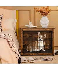 Gymax Wooden Dog Crate Furniture with Pad Bed Double Doors Dog Kennel End Table