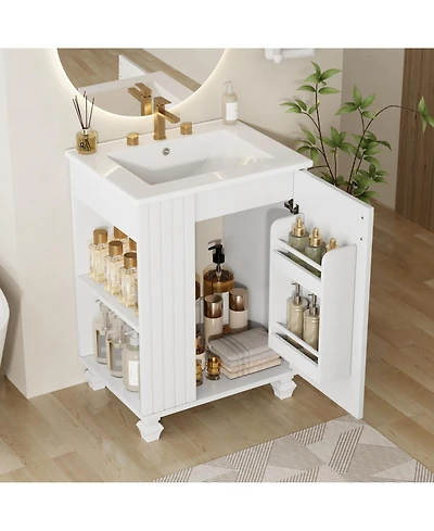 Lovmor 24inch Bathroom Vanity with Sink Bathroom Cabinet with Door Shelf Side Open Storage Solid Wood Frame Soft Closing Door White