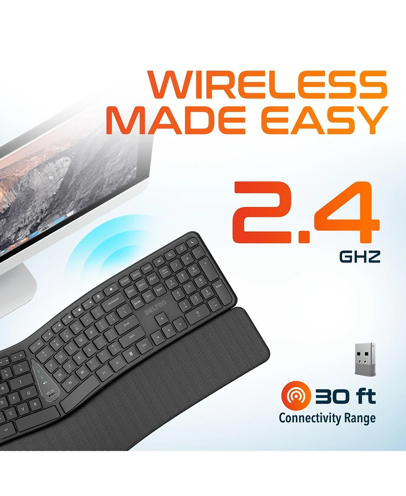 Delton KB250 Ergonomic Wireless Keyboard with Wrist Rest Pad (DKBE250-wb)