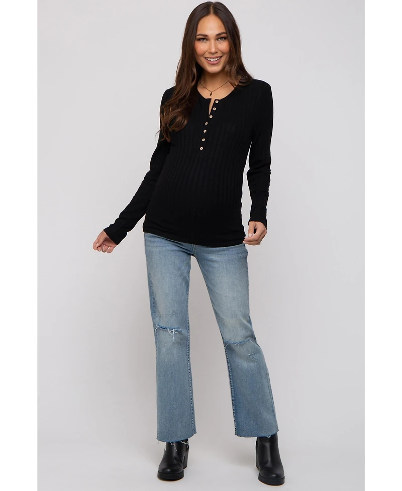 Pinkblush Black Ribbed Knit Button Long Sleeve Maternity Top