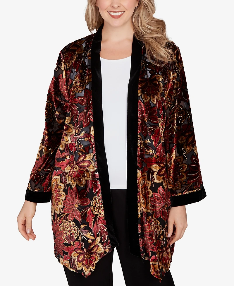 Ruby Rd. Plus Printed Velvet Burnout Open Cardigan Jacket