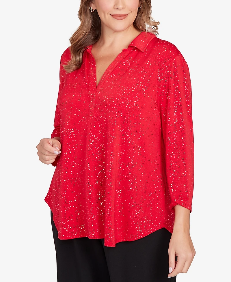 Ruby Rd. Plus Metallic Dew Drop Shirt Collar Top