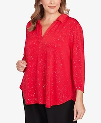 Ruby Rd. Plus Metallic Dew Drop Shirt Collar Top