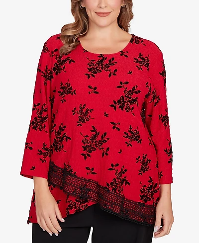 Ruby Rd. Plus Floral Flocked Texture Lace Trim Top