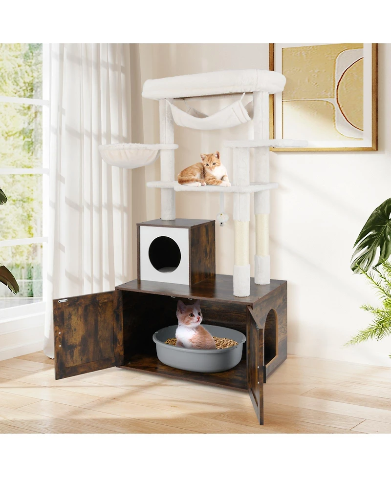 Gymax 59 inch Cat Tree w/ Litter Box Enclosure w/ Hidden Washroom Scratching Posts