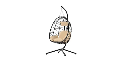37 Inch Wicker Egg Chair with Stand and Removable Cushion for Indoor and Outdoor Use