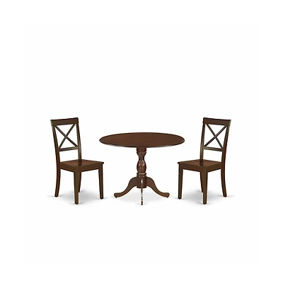 East West Furniture 3 Piece Wooden Dining Table Set Contains 1 Drop Leaves Dining Table and 2 Mahogany Wooden Chair with X-Back - Mahogany Finish