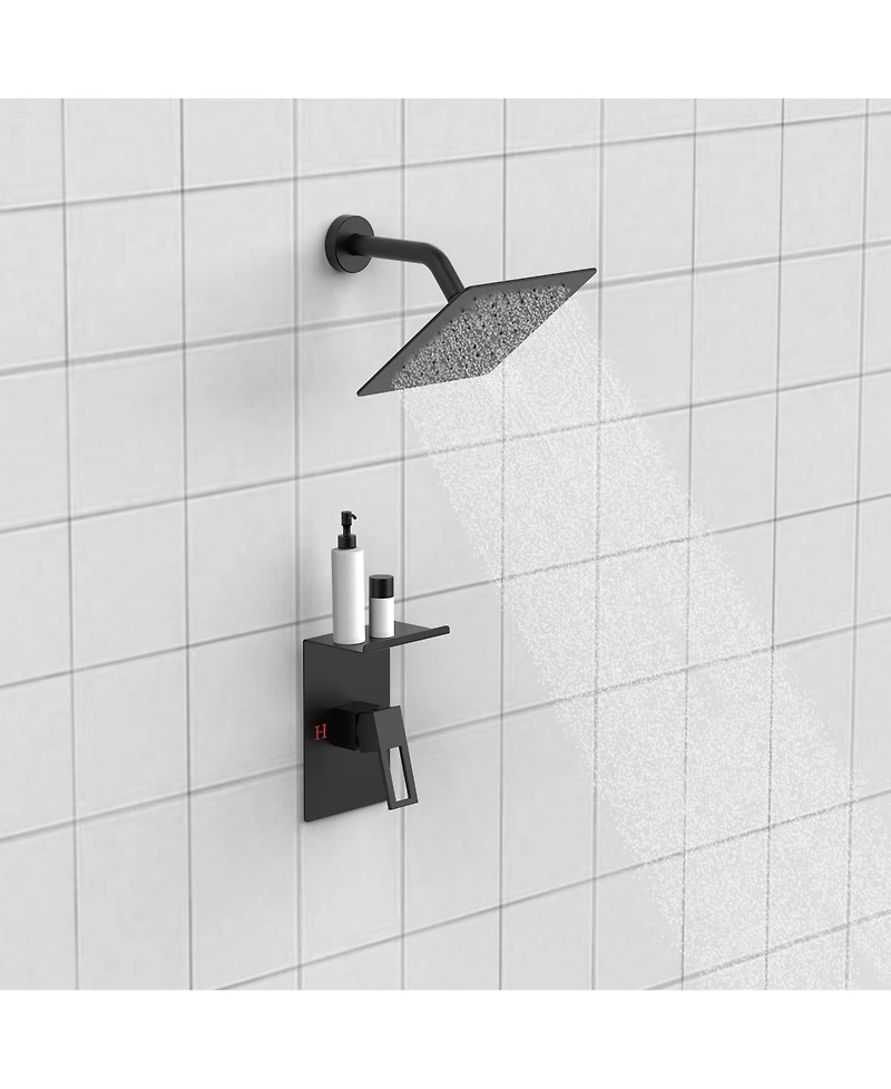 Rainsken Shower Faucet Set with Storage Rack 8-inch Rain Shower Head with Single Spray Shower Head, Matte Black