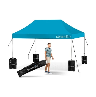 SereneLife 10x15 Pop Commercial Instant Shelter Waterproof Polyester Tent Sky Blue with Portable Wheeled Carry Sand Bag