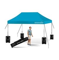 SereneLife 10x15 Pop Commercial Instant Shelter Waterproof Polyester Tent Sky Blue with Portable Wheeled Carry Sand Bag