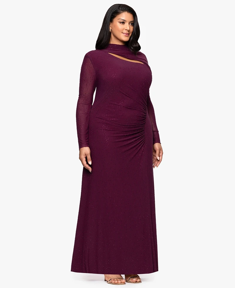 Betsy & Adam Plus Long-Sleeve Asymmetrical Neck Ballgown