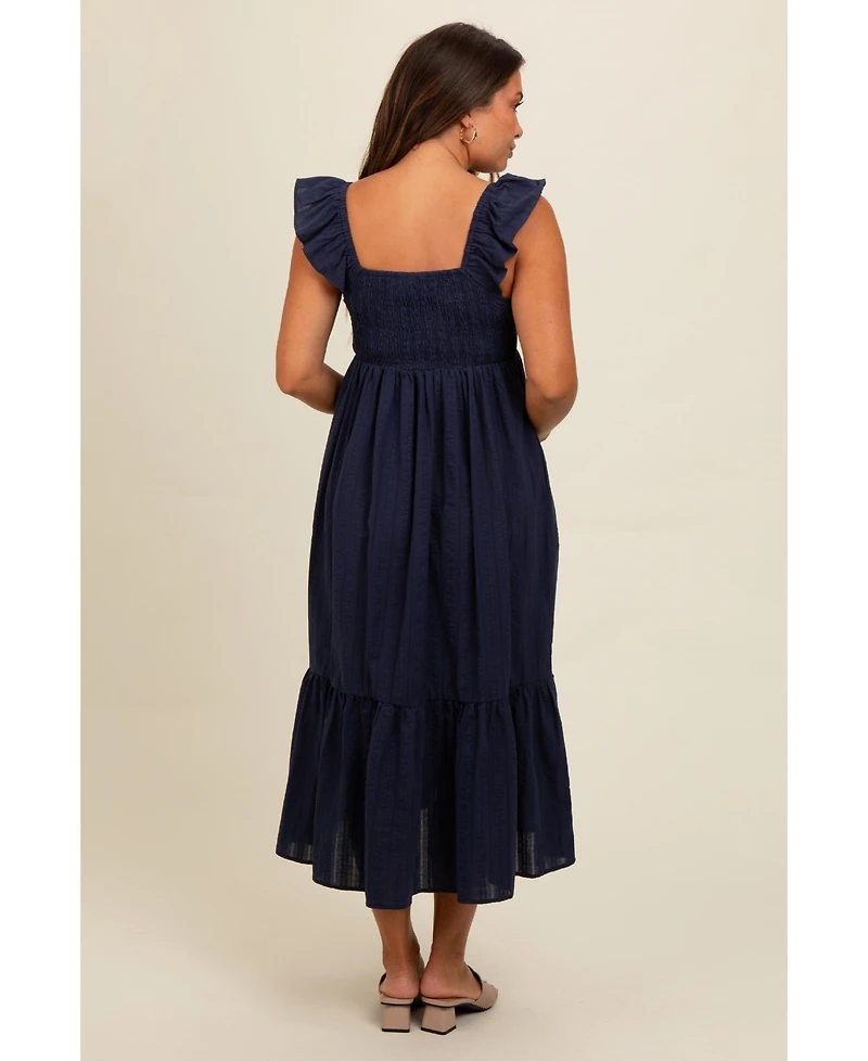 Pinkblush Maternity Navy Blue Textured Cotton Ruffle Strap Midi Dress