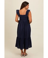 Pinkblush Maternity Navy Blue Textured Cotton Ruffle Strap Midi Dress