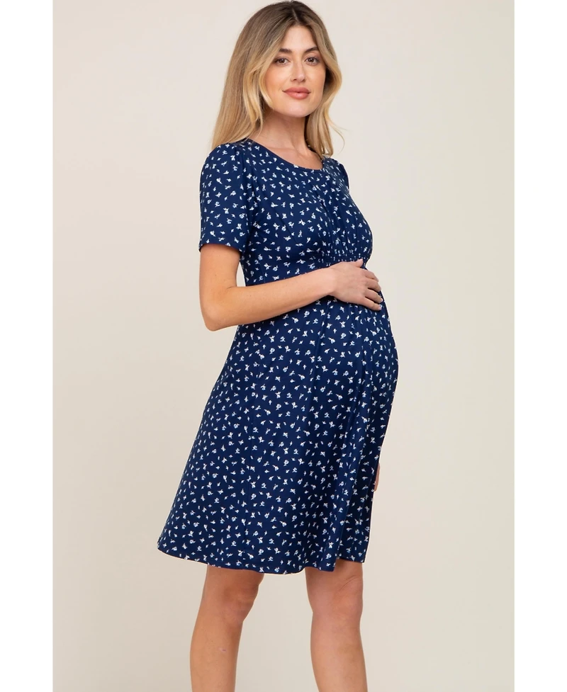Pinkblush Maternity Navy Floral Smocked Short Sleeve Dress