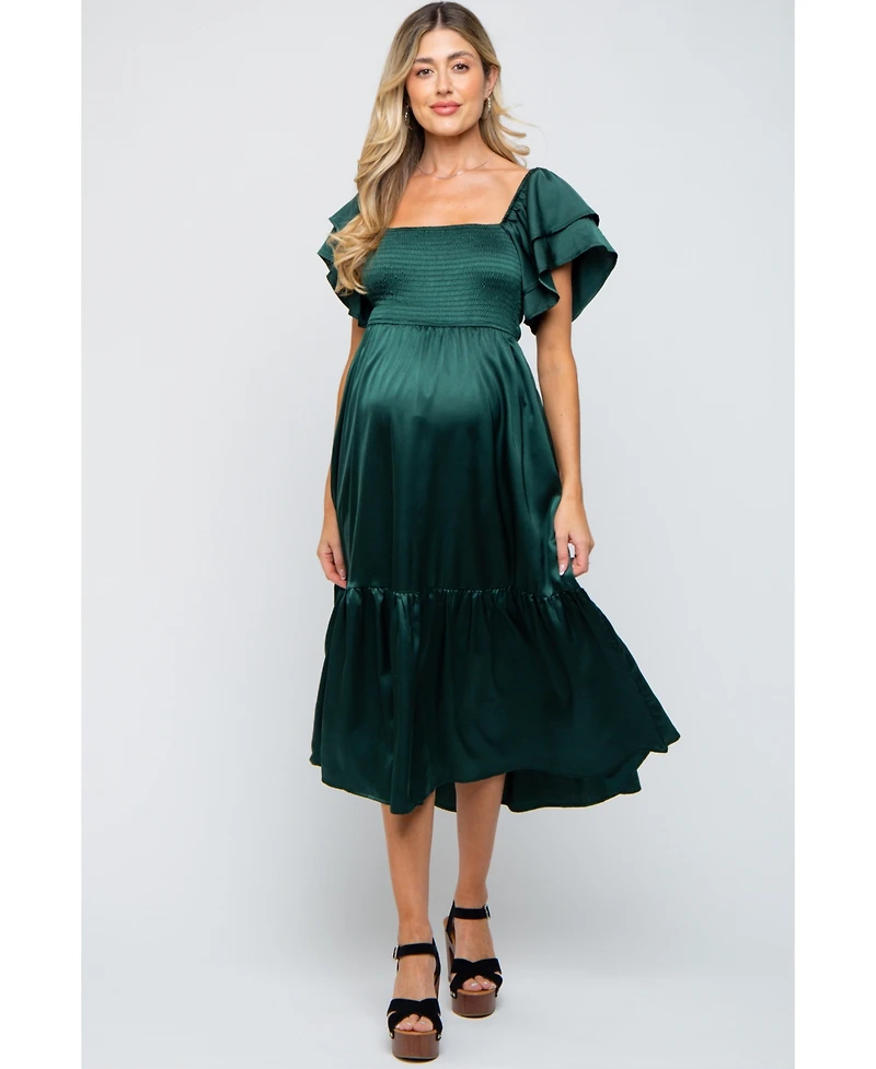 Pinkblush Maternity Forest Green Satin Flutter Sleeve Midi Dress