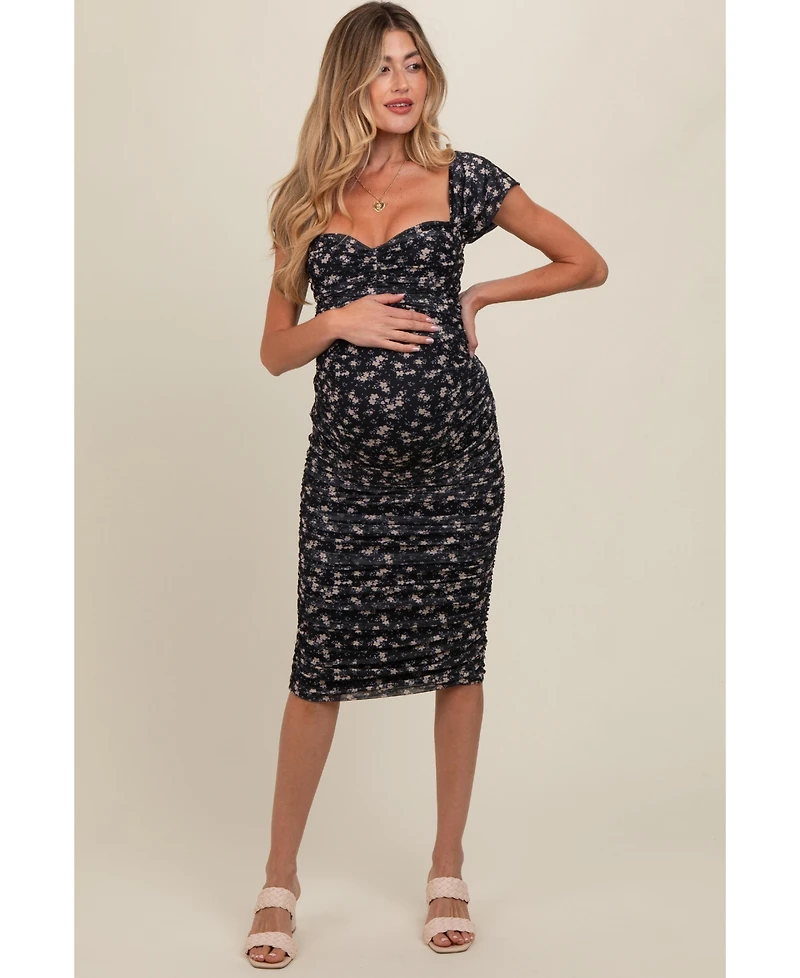 Pinkblush Maternity Black Printed Stretch Knit Ruched Dress