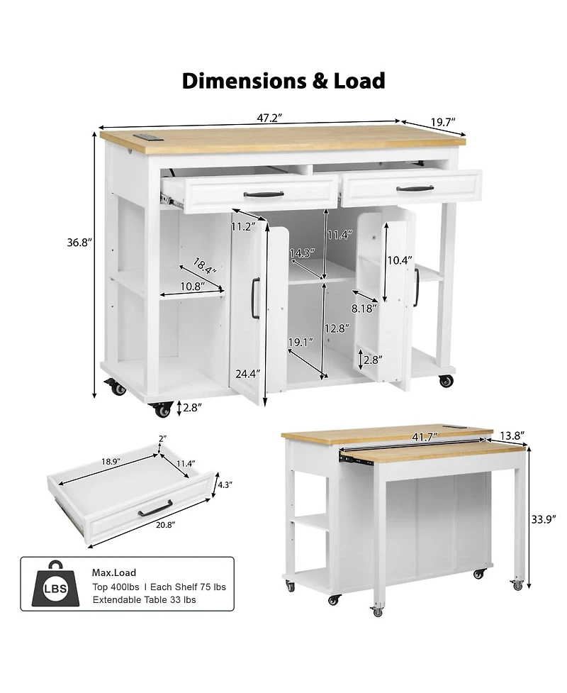 47.2" Expandable Kitchen Island with Slide-Out Dining Table, Storage Drawers, Cabinets & Usb Charging Station-Maison Boucle - Single kitchen island