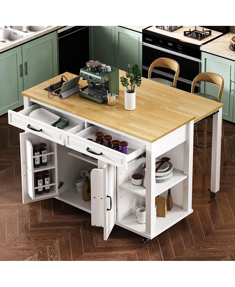 47.2" Expandable Kitchen Island with Slide-Out Dining Table, Storage Drawers, Cabinets & Usb Charging Station-Maison Boucle - Single kitchen island