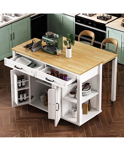 47.2" Expandable Kitchen Island with Slide-Out Dining Table, Storage Drawers, Cabinets & Usb Charging Station-Maison Boucle - Single kitchen island