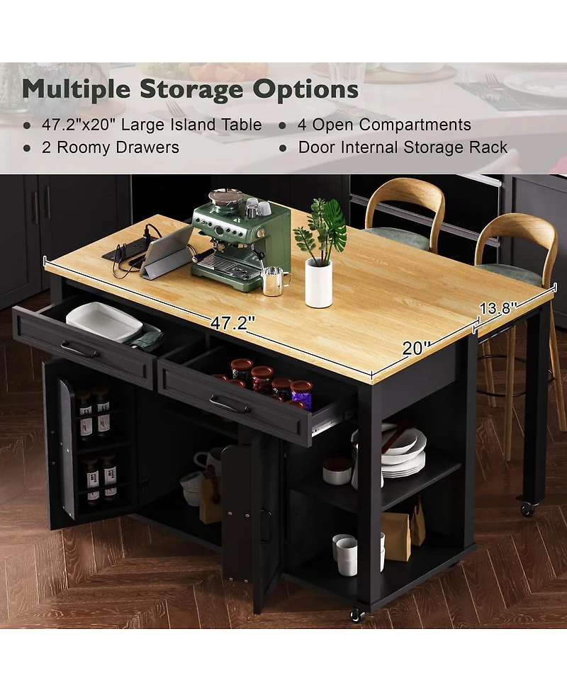 47.2" Expandable kitchen island with Slide-Out Dining Table, Storage Drawers, Cabinets & Usb Charging Station-Maison Boucle - Single