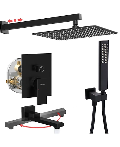 Rainsken Matte Black Shower System, 12 Inch Shower Fixtures Rain Shower Head with Handheld Shower Spray, Wall Mount Shower Faucet Set for Bathroom
