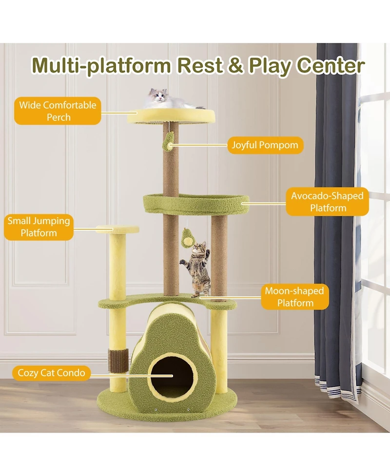 Gymax Avocado Cat Tree Multi-level Cat Tower w/ Private Condo Cat Self-grooming Brush