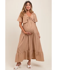 Pinkblush Light Blue Woven Textured Flutter Sleeve V-Neck Tiered Maternity Maxi Dress