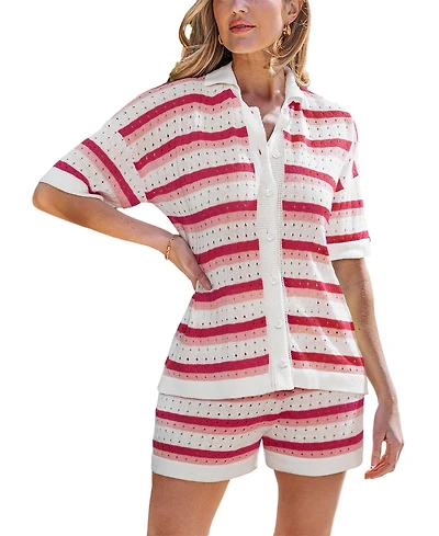 Cupshe Women's Striped Knit Button Down Matching Set