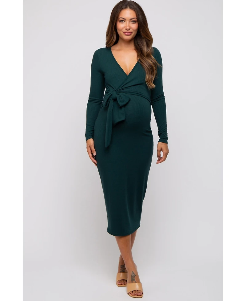 Pinkblush Forest Green Ribbed Long Sleeve Maternity Wrap Dress