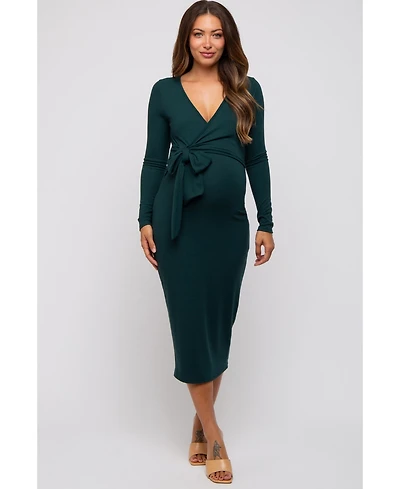 Pinkblush Forest Green Ribbed Long Sleeve Maternity Wrap Dress