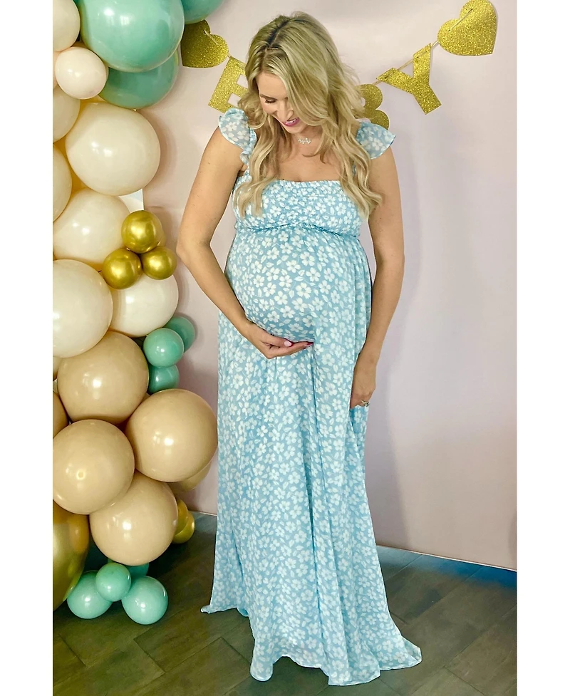Pinkblush Maternity Light Blue Floral Chiffon Sweetheart Neck Off Shoulder Maxi Dress