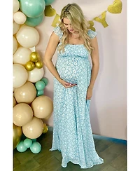 Pinkblush Maternity Light Blue Floral Chiffon Sweetheart Neck Off Shoulder Maxi Dress