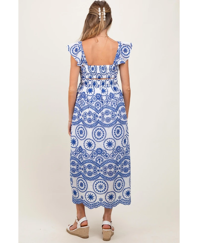 Pinkblush Maternity Light Navy Embroidered Smocked Cutout Midi Dress