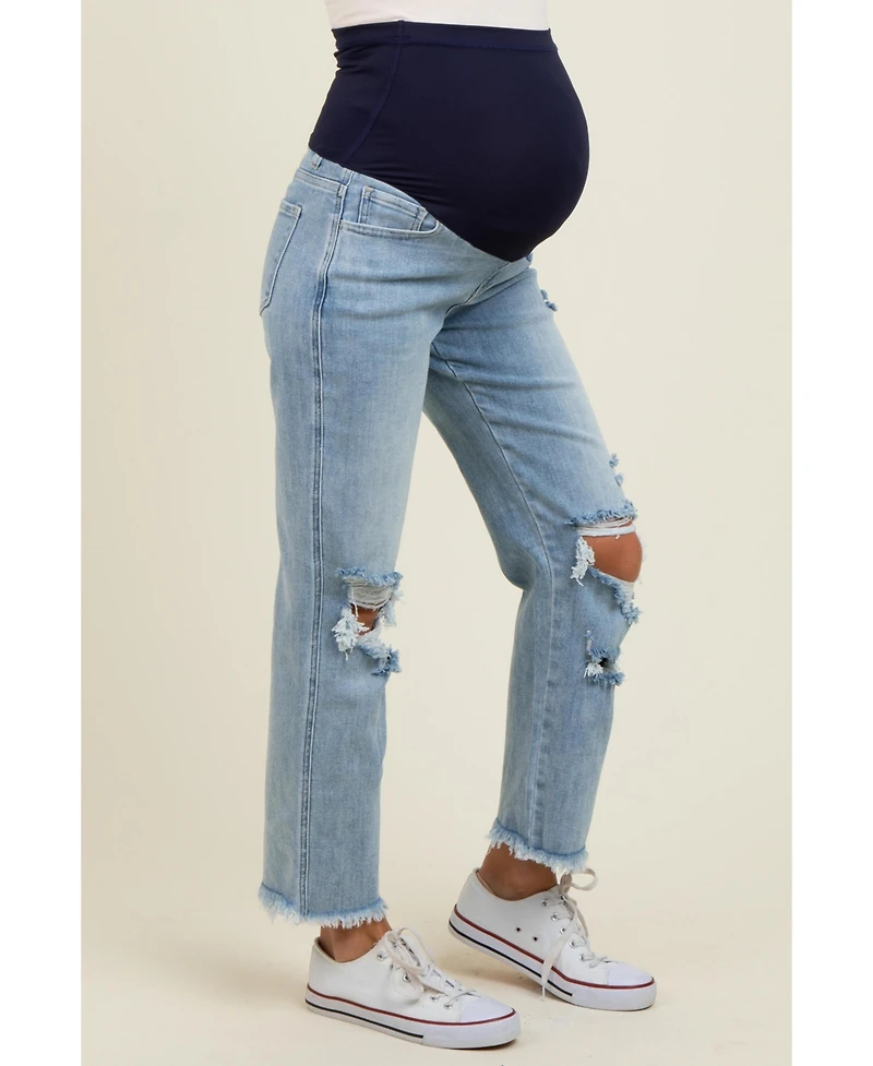 Pinkblush Maternity Light Blue Ripped Knee Fringe Hem Straight Leg Ankle Jeans