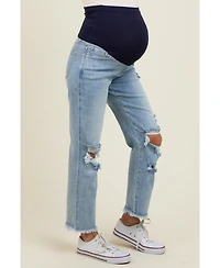 Pinkblush Maternity Light Blue Ripped Knee Fringe Hem Straight Leg Ankle Jeans