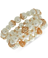 Anne Klein Imitation Pearl Gold-Tone Caged 3 Row Stretch Bracelet