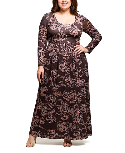 24seven Comfort Apparel Plus Blush Floral Long Sleeve Maxi Dress